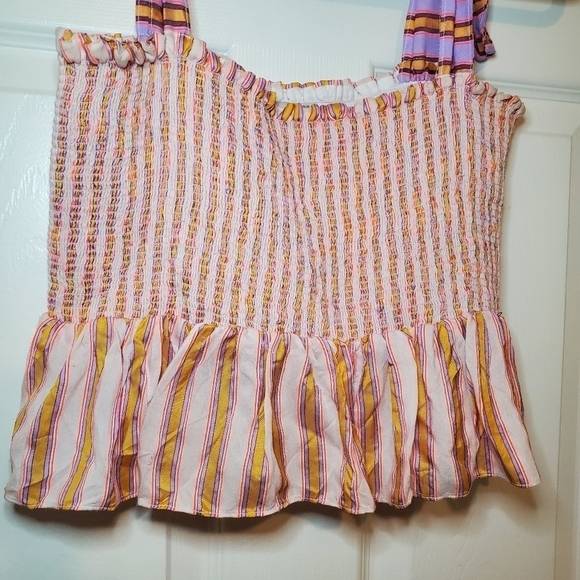 Anthro Dola Chan Mix Stripe Smocked Top In Tahitian Sun Stripe - Tie Strap  Sz L - Picture 3 of 8